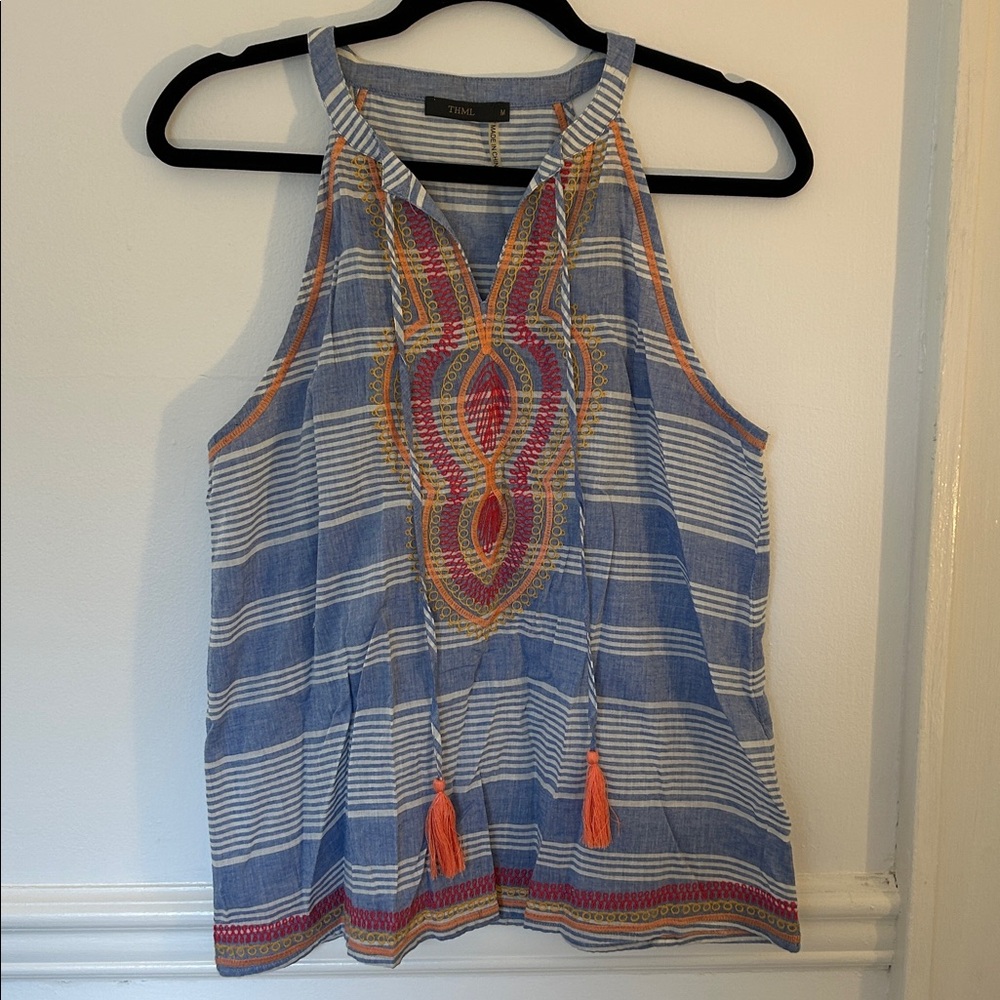 THML Blue and White Embroidered Striped Top